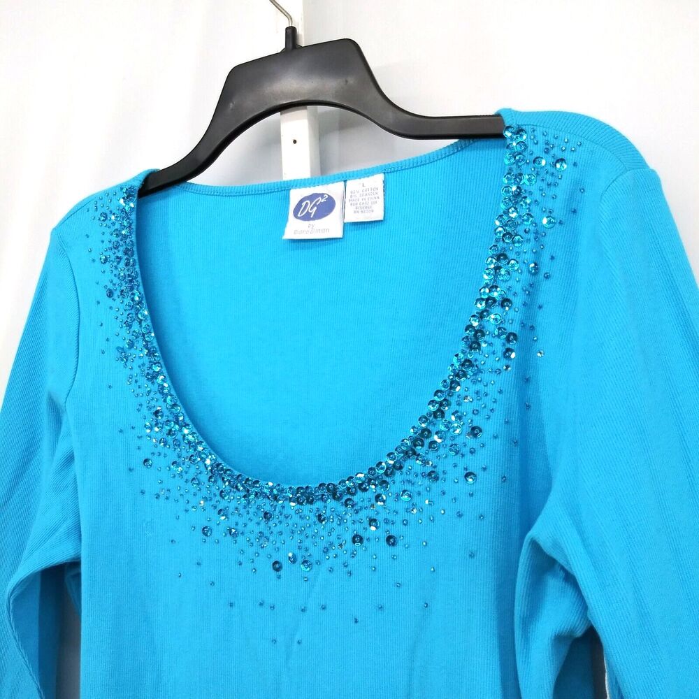 Diane Gilman Blouse Womens Large Turquoise Blue Long Sleeve Beaded Neckline Top - Picture 2 of 6